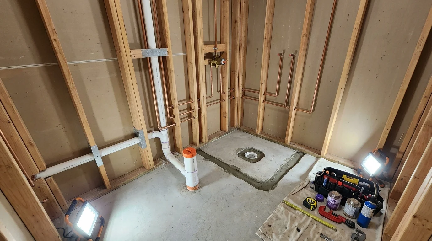 Bathroom rough-in plumbing during remodel by Johns Plumbing LLC in Bethlehem