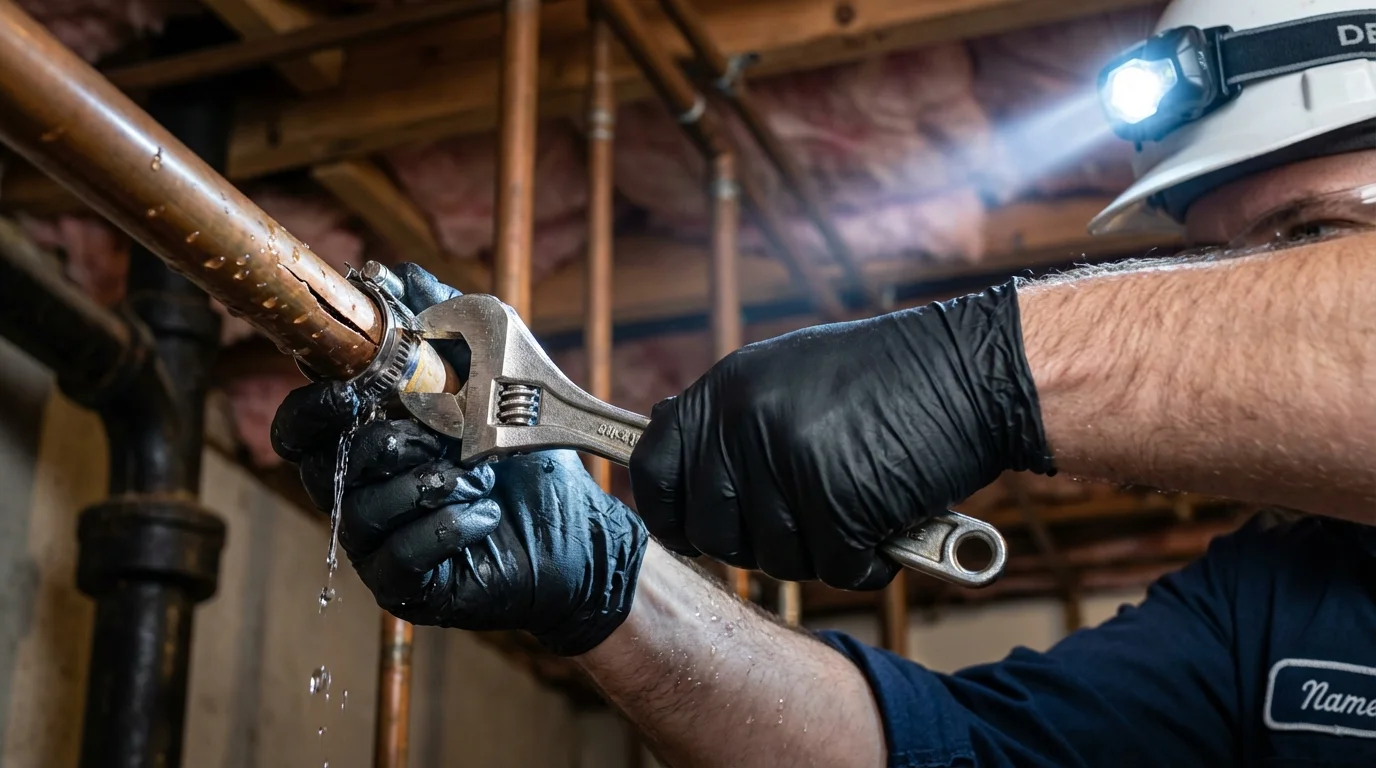 Emergency pipe clamp repair being performed by a Johns Plumbing LLC plumber in Bethlehem