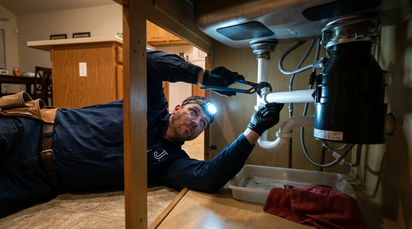 P-trap and supply line connections under a kitchen sink showing a common leak point in Bethlehem, PA